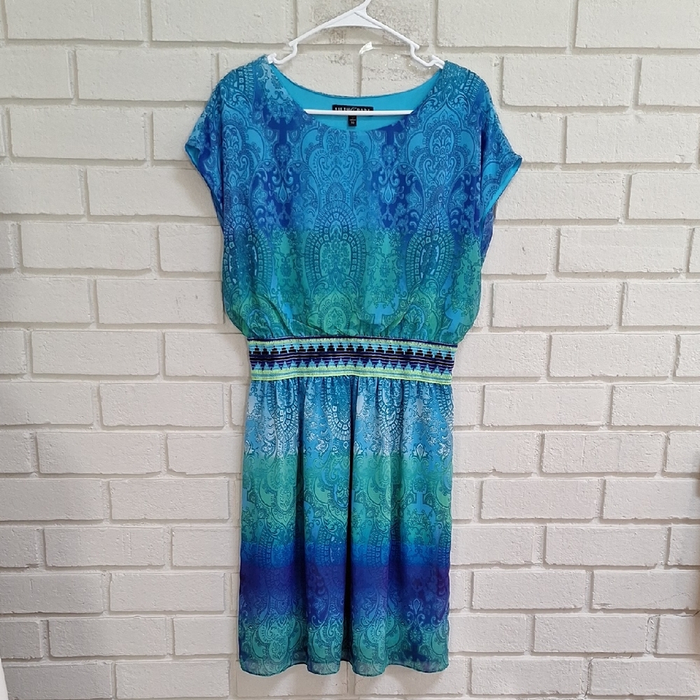 Fifth & Park Blue And Green Patterned Lined Midi Dress. Size 10 NWOT